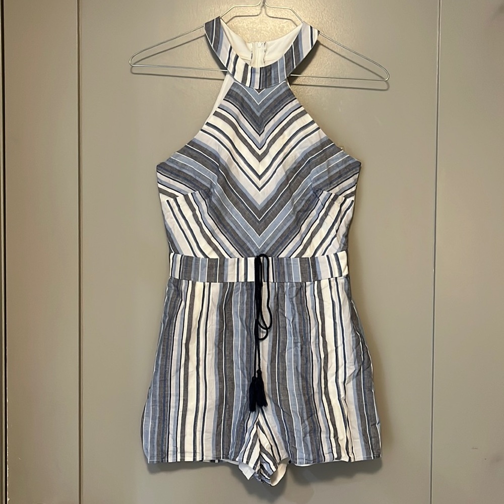 Cute beach themed blue and white halter top romper